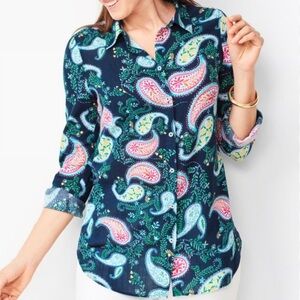 Talbots Sz XS Navy Blue Garden Paisley Preppy Long Sleeve Classic Cotton Shirt